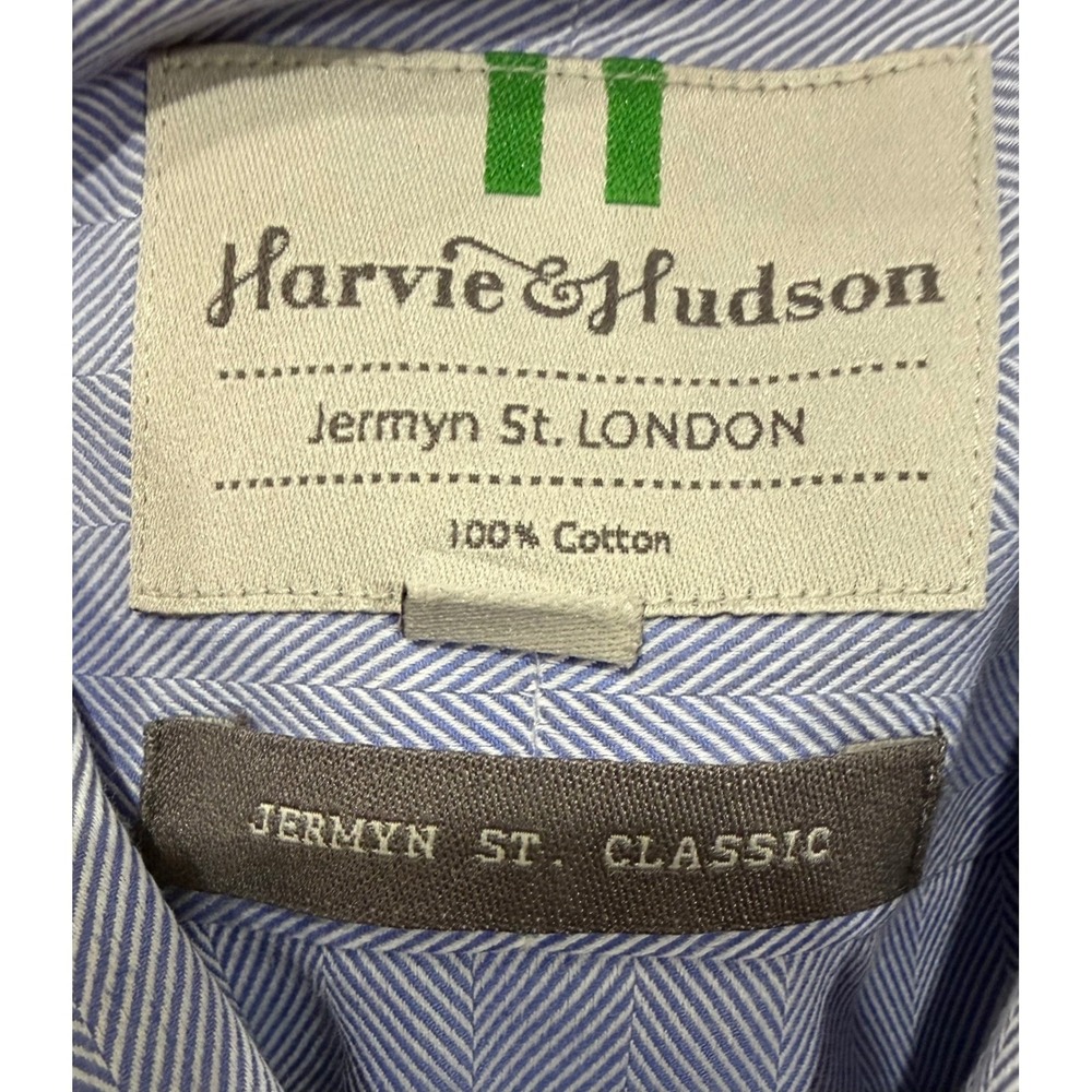 Harvie & Hudson Jermyn St London Mens Blue Herringbone Dress Shirt 16.5 R Cotton - Picture 3 of 4